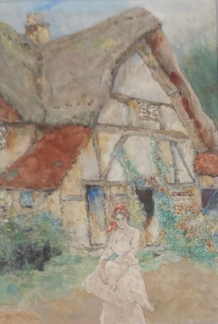 David Woodlock Signed Original late 19th Century Antique Original Art Nouveau Watercolour Painting Thatched Cottage Aston Cantlow Wiltshire English Country Landscape