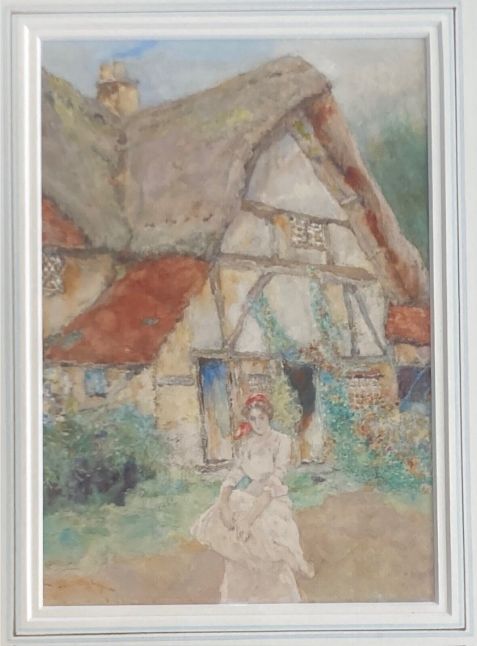 fig 1. David Woodlock Signed Original late 19th Century Antique Original Art Nouveau Watercolour Painting Thatched Cottage Aston Cantlow Wiltshire English Country Landscape