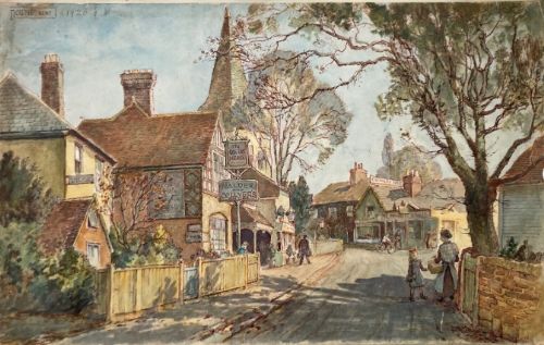 Jack Cross Original mid 20th Century Watercolour Painting of a 1920's Historical view of the Queens Head Inn Downe Kent English Landscape
