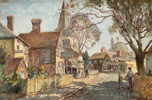 fig 1. Jack Cross Original mid 20th Century Watercolour Painting of a 1920's Historical view of the Queens Head Inn Downe Kent English Landscape