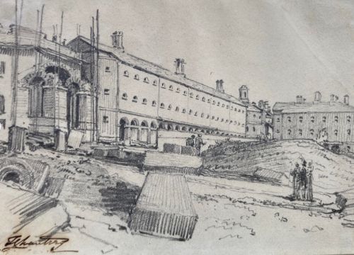fig 1. An early 19th-century monochrome graphite pencil drawing depicting a large Georgian building structure under construction, mounted within a frame.