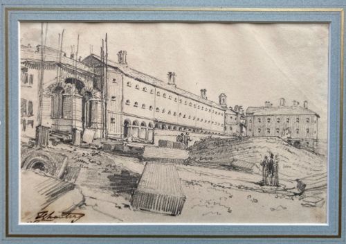 fig 2. An early 19th-century monochrome graphite pencil drawing depicting a large Georgian building structure under construction, mounted within a frame.