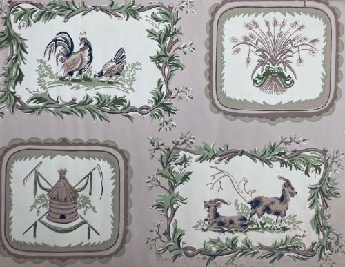 fig 1. A vintage rectangular paper wallpaper design sample displaying four distinct pastoral vignettes featuring farm animals and botanical frames against a beige ground.