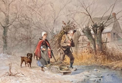 JAN GERARD SMITS 1873 SIGNED ORIGINAL 19TH CENTURY ANTIQUE DUTCH WATERCOLOUR PAINTING GATHERING WOOD FIGURES DOG IN A SNOW LANDSCAPE