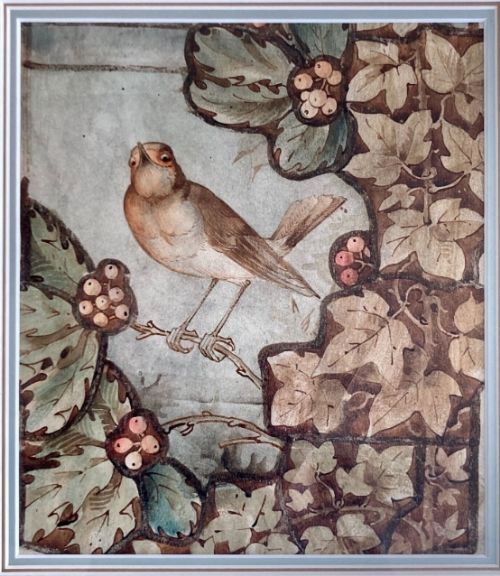 fig 1. Arts & Craft Movement William Morris Style Original 19th Century Antique Watercolour Painting Bird sat amongst Leaves & Berries
