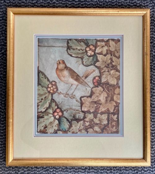 fig 3. Arts & Craft Movement William Morris Style Original 19th Century Antique Watercolour Painting Bird sat amongst Leaves & Berries