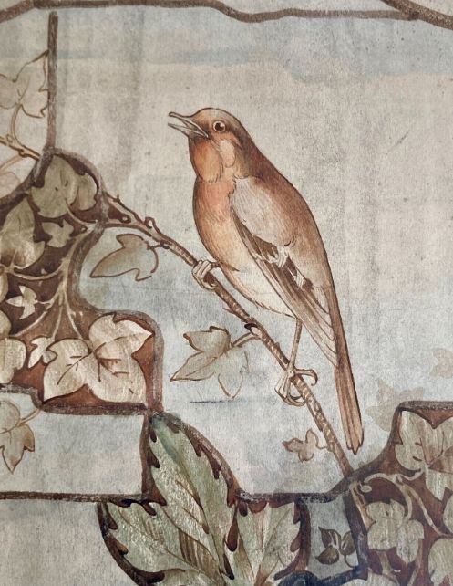fig 3. Arts & Craft Movement William Morris Style Original 19th Century Antique Watercolour Painting Singing Bird sat amongst Ivy No. 1