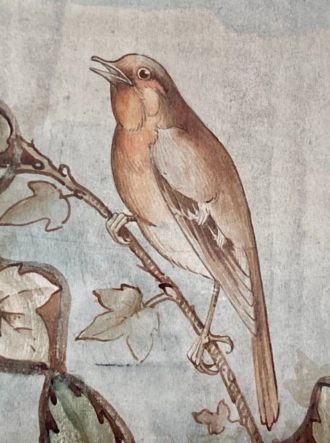 fig 4. Arts & Craft Movement William Morris Style Original 19th Century Antique Watercolour Painting Singing Bird sat amongst Ivy No. 1