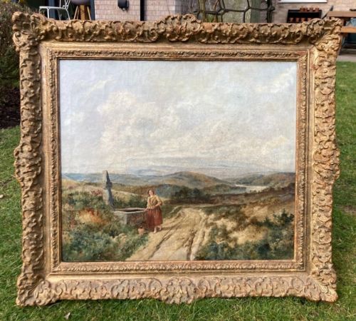 FOLLOWER OF JAMES ARTHUR O'CONNOR ORIGINAL MID 19TH CENTURY ANTIQUE OIL PAINTING ON CANVAS LADY IN AN IRISH LANDSCAPE