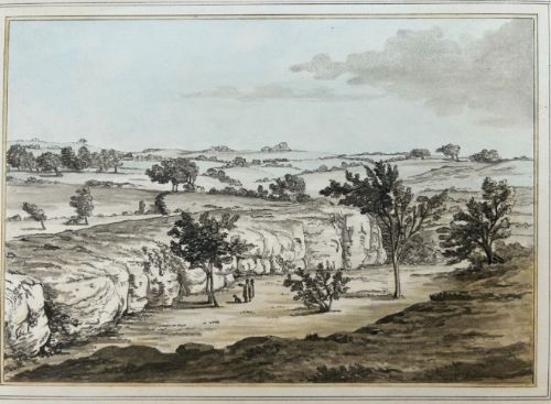 fig 1. A late eighteenth-century monochrome watercolour painting depicting a rocky cliff landscape in Buxted, Sussex with figures and trees.