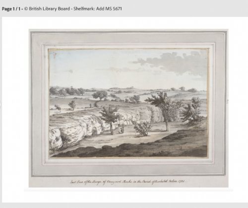 fig 2. A late eighteenth-century monochrome watercolour painting depicting a rocky cliff landscape in Buxted, Sussex with figures and trees.