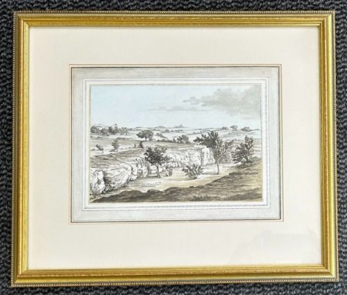 fig 3. A late eighteenth-century monochrome watercolour painting depicting a rocky cliff landscape in Buxted, Sussex with figures and trees.