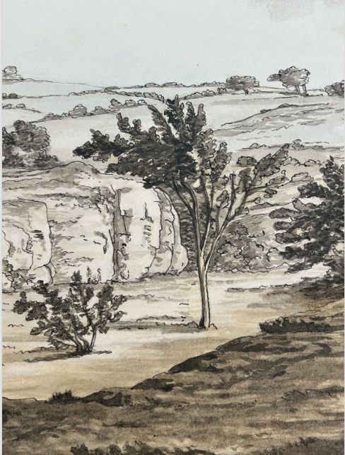 fig 4. A late eighteenth-century monochrome watercolour painting depicting a rocky cliff landscape in Buxted, Sussex with figures and trees.