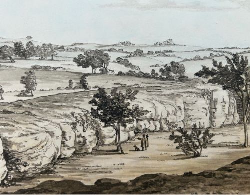 fig 5. A late eighteenth-century monochrome watercolour painting depicting a rocky cliff landscape in Buxted, Sussex with figures and trees.