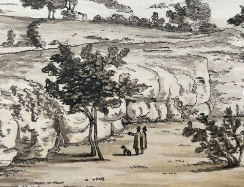 fig 6. A late eighteenth-century monochrome watercolour painting depicting a rocky cliff landscape in Buxted, Sussex with figures and trees.