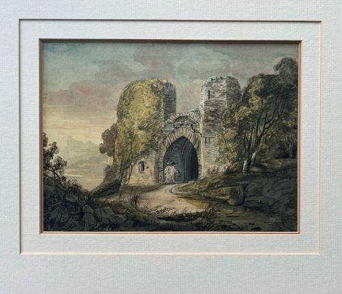 fig 1. An antique Georgian watercolour painting depicting a stone ruined gatehouse surrounded by foliage under a soft atmospheric sky, with two figures walking through the archway.