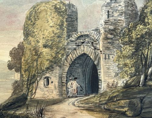 fig 2. An antique Georgian watercolour painting depicting a stone ruined gatehouse surrounded by foliage under a soft atmospheric sky, with two figures walking through the archway.