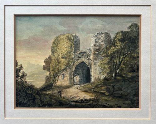 fig 3. An antique Georgian watercolour painting depicting a stone ruined gatehouse surrounded by foliage under a soft atmospheric sky, with two figures walking through the archway.