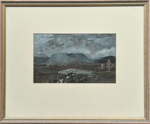 fig 1. An early 20th-century watercolour painting depicting a Scottish landscape with an overcast grey sky, distant mountains, and a stone arch bridge over a stream.