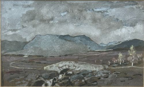 fig 2. An early 20th-century watercolour painting depicting a Scottish landscape with an overcast grey sky, distant mountains, and a stone arch bridge over a stream.