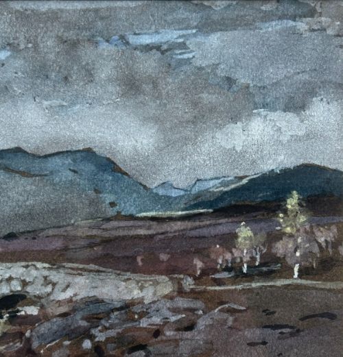 fig 3. An early 20th-century watercolour painting depicting a Scottish landscape with an overcast grey sky, distant mountains, and a stone arch bridge over a stream.