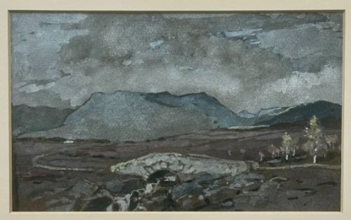 fig 4. An early 20th-century watercolour painting depicting a Scottish landscape with an overcast grey sky, distant mountains, and a stone arch bridge over a stream.