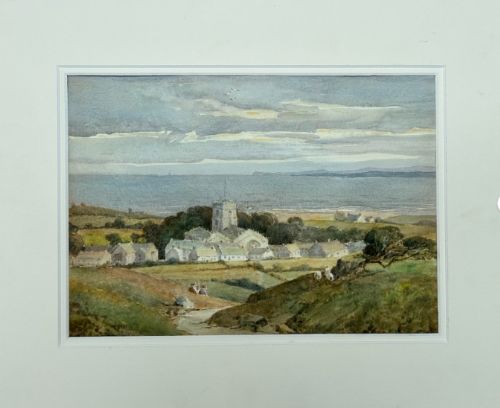 fig 1. A pair of early 20th-century watercolour paintings depicting British coastal and rural village landscapes with rolling hills and stone structures.