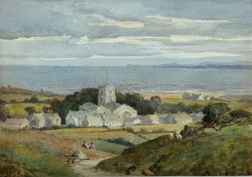 fig 2. A pair of early 20th-century watercolour paintings depicting British coastal and rural village landscapes with rolling hills and stone structures.