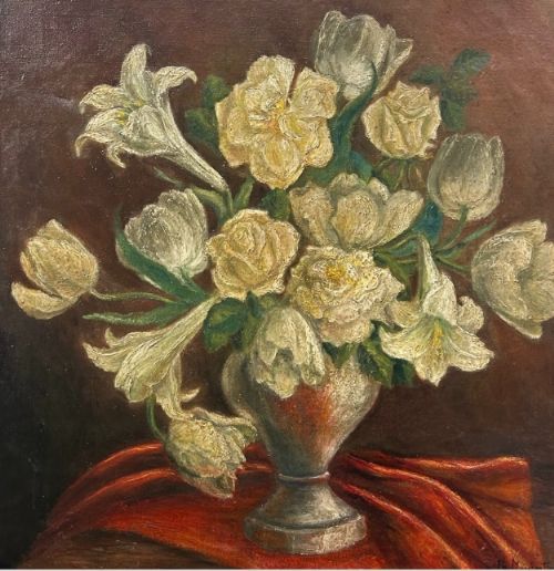 Robin Mackertich Signed Original Mid 20th Century Vintage Oil Painting on Canvas Still Life White Lilies & Yellow Roses in a Silver Vase.