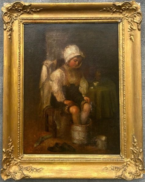 Manner of Robert Gemmell Hutchison Original 19th Century Oil Painting on Canvas Child Bathing her Feet in a Bucket