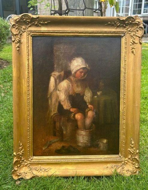 fig 1. Manner of Robert Gemmell Hutchison Original 19th Century Oil Painting on Canvas Child Bathing her Feet in a Bucket