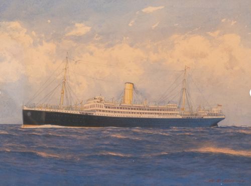 fig 1. A.E. Morris Signed Original early 20th Century Watercolour Gouache Painting SS Orbita Ship Harland & Wolff British Seascape
