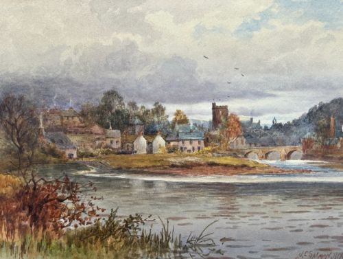 fig 1. A late 19th-century watercolour painting depicting a river scene with a stone bridge and village buildings under an overcast sky.