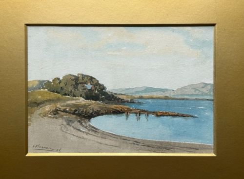 fig 1. An original 1926 watercolour painting depicting a tranquil British coastal cove with shoreline sand, trees, and distant hills.