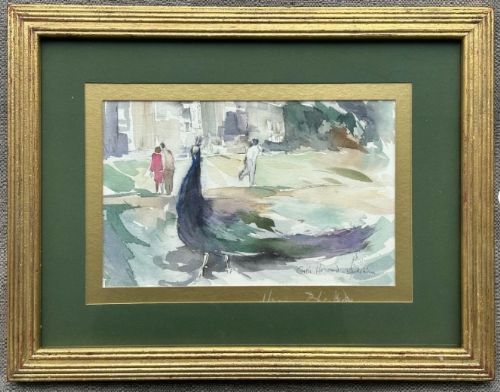 fig 1. A mid-twentieth-century watercolour painting depicting a peacock standing in the foreground with figures and Castle Howard grounds in the background.