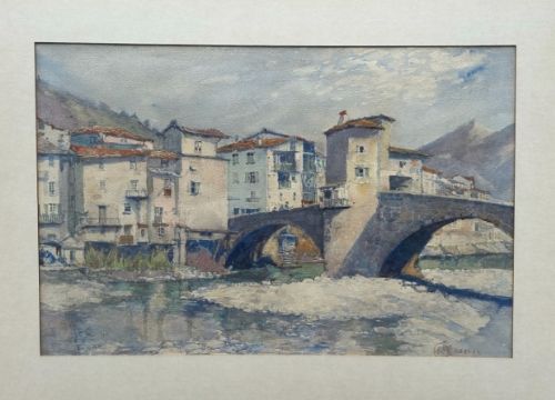 fig 1. Indistinctly Signed Original Early 20th Century Antique Watercolour Painting, Sospel Alpes France Pont Vieux Town & Bridge Continental Landscape