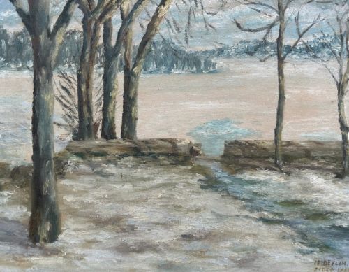 fig 1. A mid-20th-century framed oil painting depicting a muted winter lake landscape with bare trees and a snow-covered shoreline.