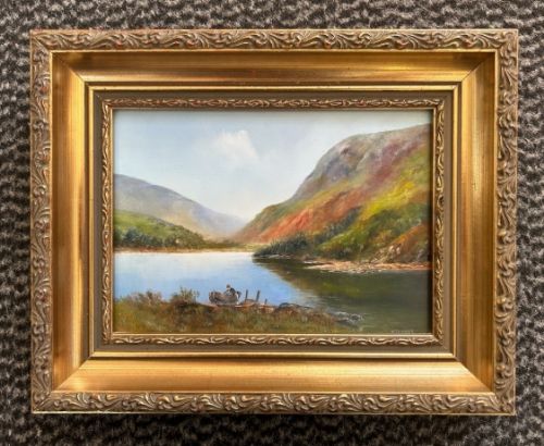 fig 1. Pair of mid 20th Century Vintage Original Oil Paintings on Board Signed by H. Thomas British Lake Landscapes