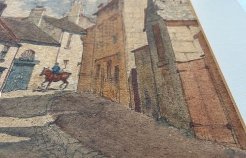 fig 1. A late nineteenth-century watercolour painting depicting a cobbled English street with historic stone buildings, an inn sign titled The Bell, and a figure riding a horse.