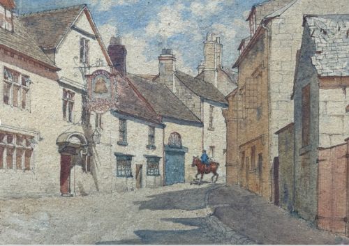 fig 2. A late nineteenth-century watercolour painting depicting a cobbled English street with historic stone buildings, an inn sign titled The Bell, and a figure riding a horse.