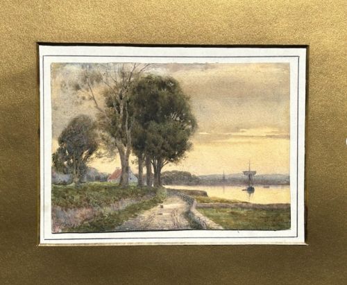 fig 1. A 19th-century watercolour landscape painting depicting a tree-lined path beside a tranquil coastal waterway with a sailing vessel at sunset.