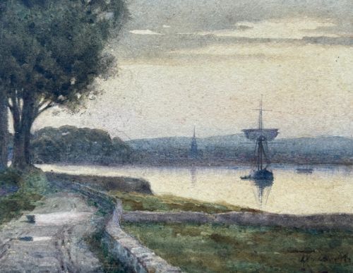 fig 2. A 19th-century watercolour landscape painting depicting a tree-lined path beside a tranquil coastal waterway with a sailing vessel at sunset.