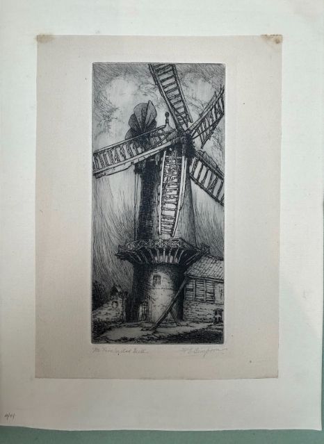 fig 1. A monochrome early 20th-century etching depicting a five-sailed windmill with pencil signatures on the lower margin.