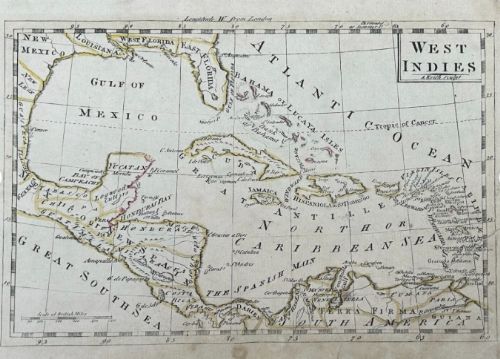 fig 2. An eighteenth-century hand-coloured copperplate engraved map depicting the West Indies, the Caribbean Sea, and the Gulf of Mexico.