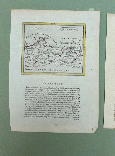 fig 1. Three late eighteenth-century paper prints, featuring hand-coloured English county maps of Berkshire and Cumberland alongside a copperplate timeline chart.