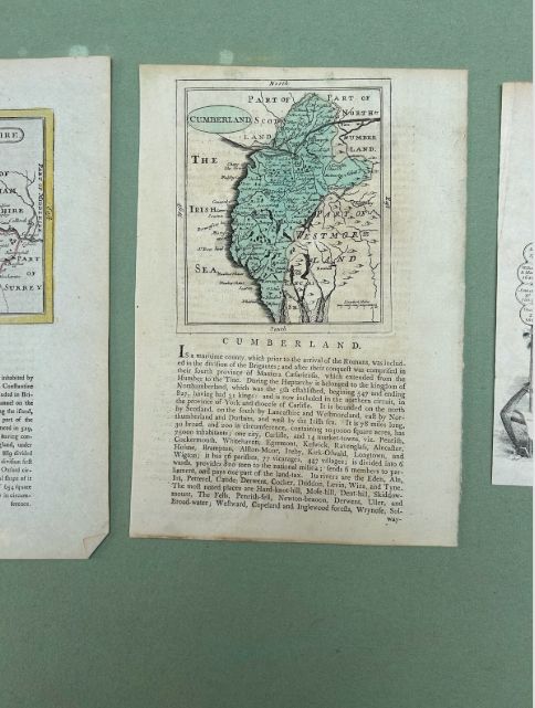 fig 2. Three late eighteenth-century paper prints, featuring hand-coloured English county maps of Berkshire and Cumberland alongside a copperplate timeline chart.