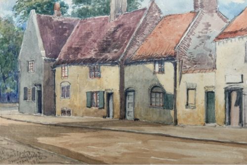 fig 1. A late 19th-century watercolour painting depicting a row of historic street-side cottages with pitched tiled roofs under a soft sky.