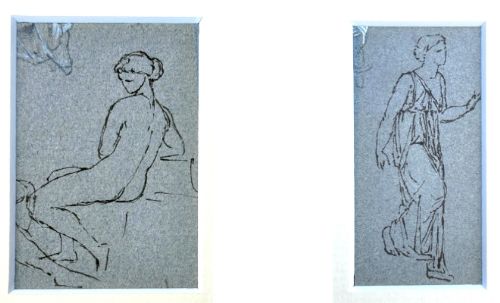 A Pair of Original 19th Century Antique Miniature Figure Studies, Classical Nude & Robed Woman, Original Ink Drawings in Mounts & Frames