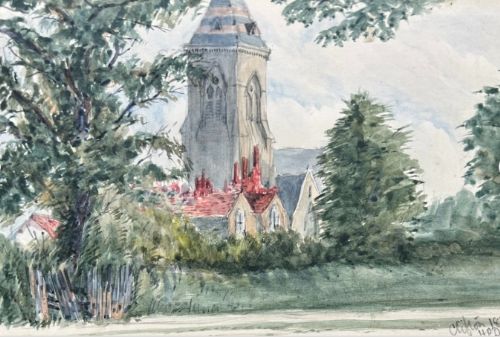 fig 1. Two original 19th-century watercolour paintings depicting a church tower surrounded by trees and foliage, mounted alongside a handwritten descriptive paper label.