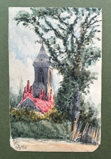 fig 2. Two original 19th-century watercolour paintings depicting a church tower surrounded by trees and foliage, mounted alongside a handwritten descriptive paper label.